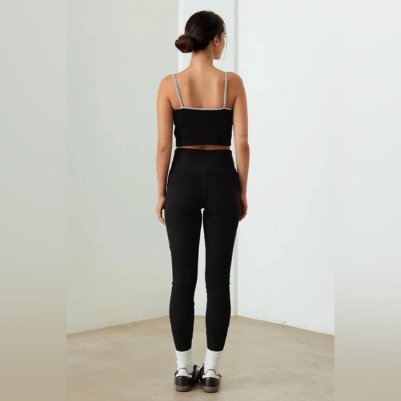 Contrast Trim Ribbed Crop Top High Waist Leggings Set - Black - Picture 4 of 8